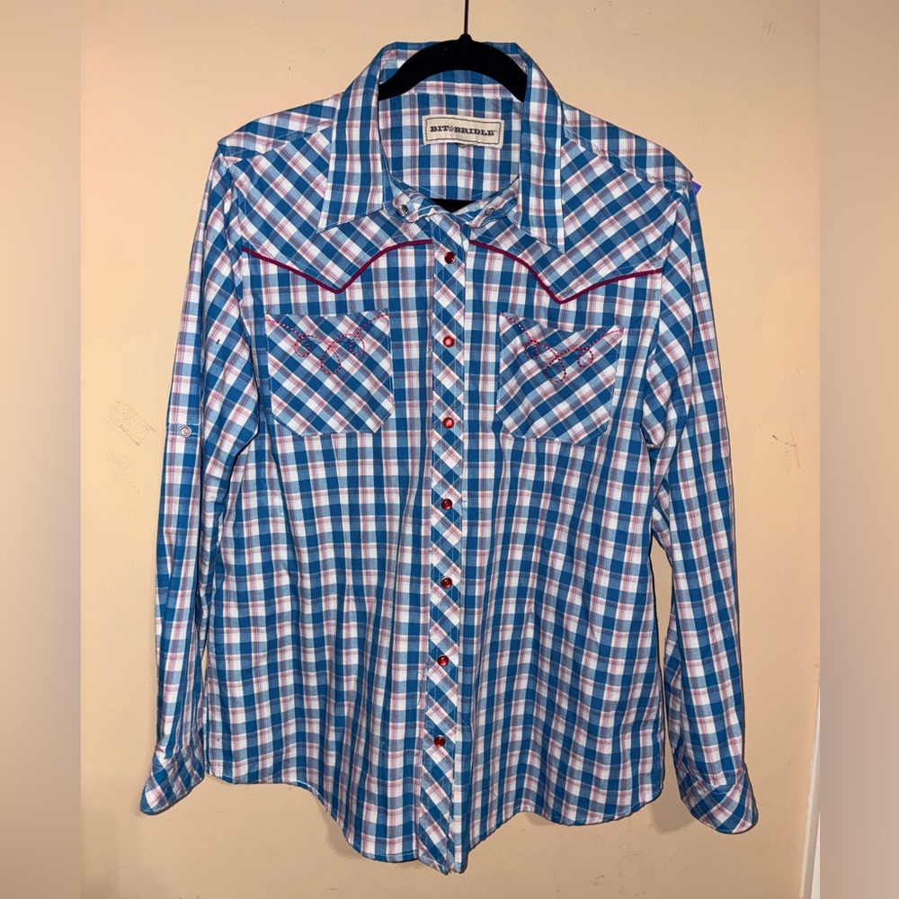 Bit & Bridle Western Cowgirl Plaid Long Sleeve Snap Shirt